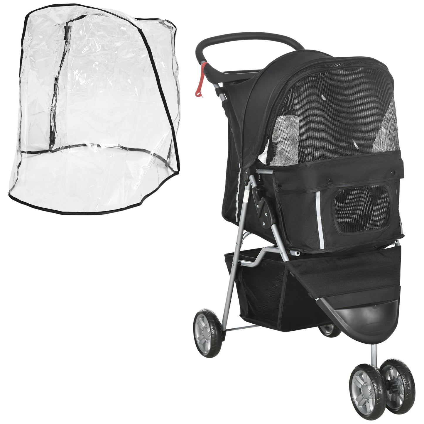 Photo of PawHut Pet Travel Stroller with Rain Cover, 3 Wheels Foldable Cat Dog Pushchair with Storage Basket and Cupholder for Small Miniature Dogs(Black) in Dogs(Black) colour on a white background
