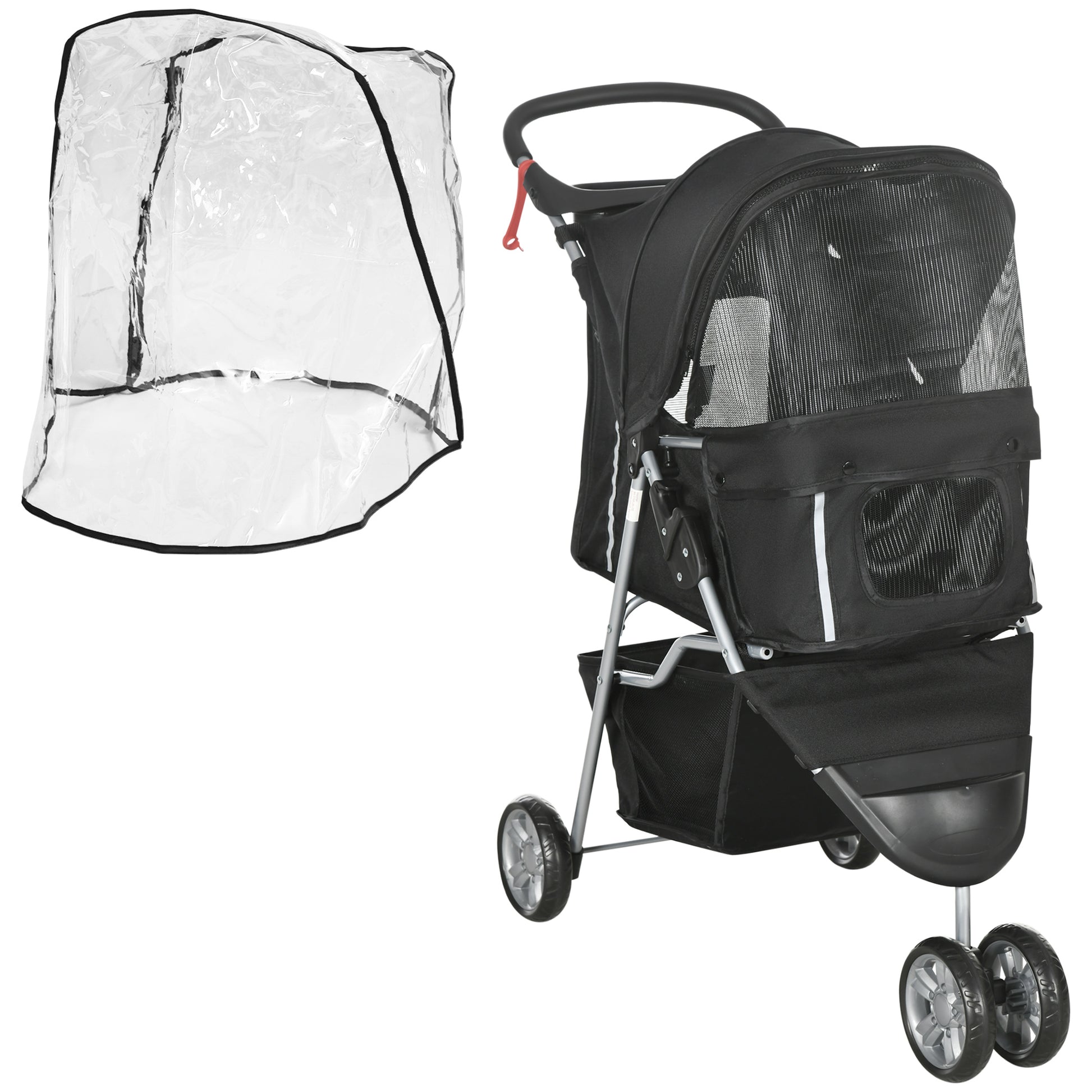 Photo of PawHut Pet Travel Stroller with Rain Cover, 3 Wheels Foldable Cat Dog Pushchair with Storage Basket and Cupholder for Small Miniature Dogs(Black) in Dogs(Black) colour on a white background