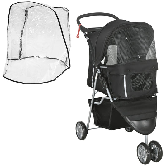 Photo of PawHut Pet Travel Stroller with Rain Cover, 3 Wheels Foldable Cat Dog Pushchair with Storage Basket and Cupholder for Small Miniature Dogs(Black) in Dogs(Black) colour on a white background