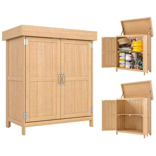 Wooden garden storage shed with hinged roof, double doors, and removable shelf