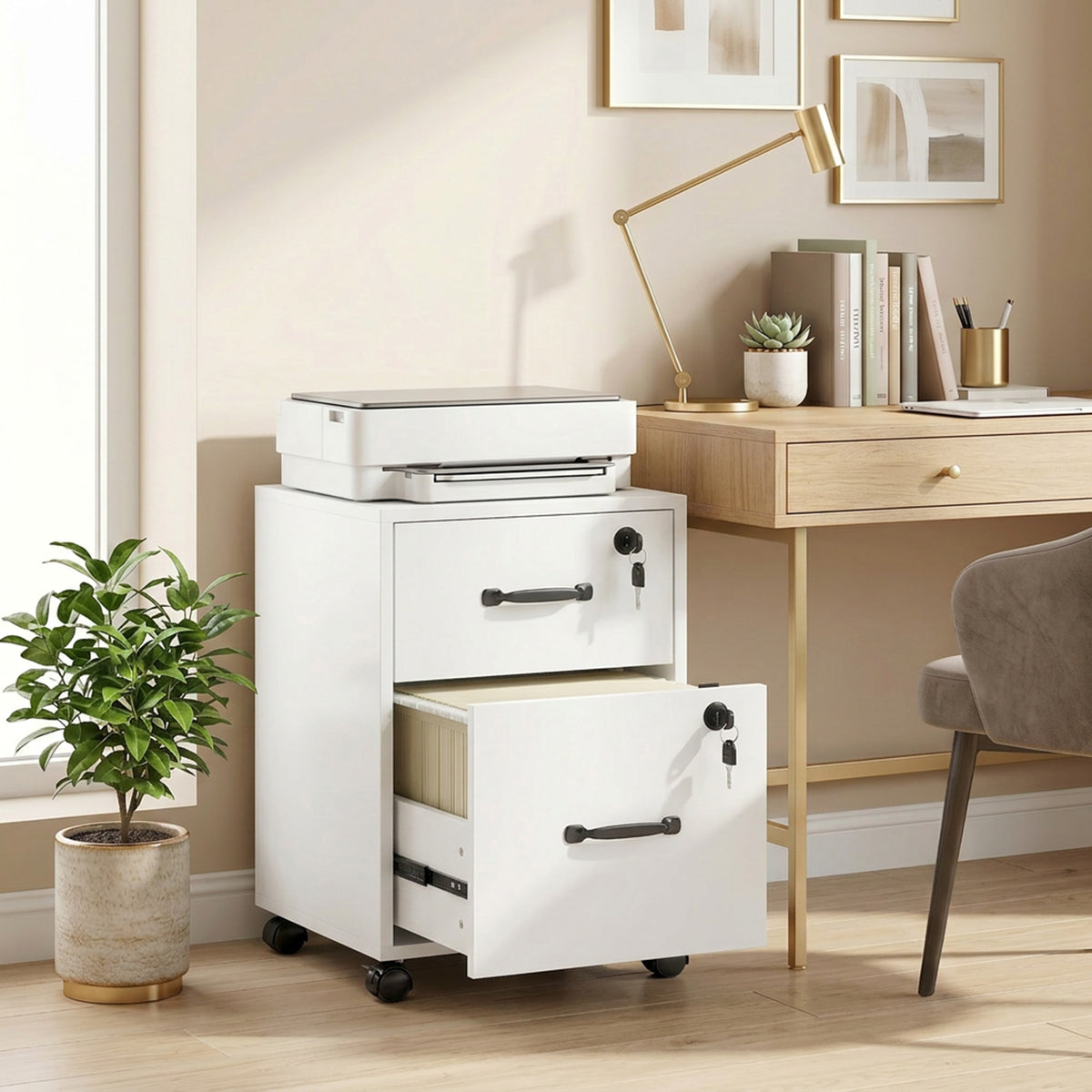 White rolling file cabinet with both lockable drawers open