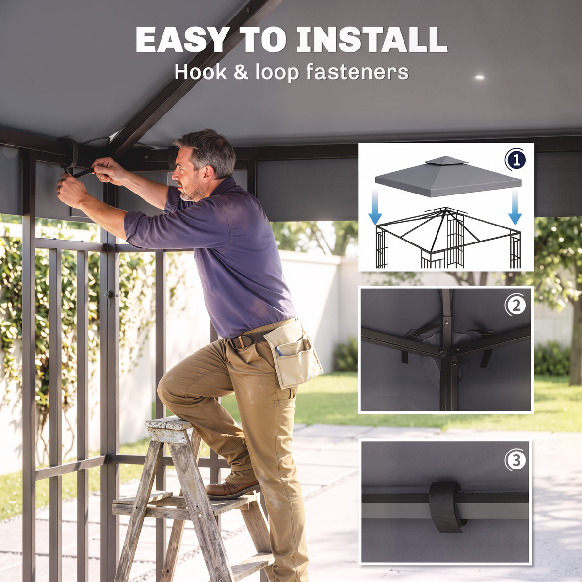 Deep gray two-tier gazebo replacement canopy top with hook-and-loop fasteners