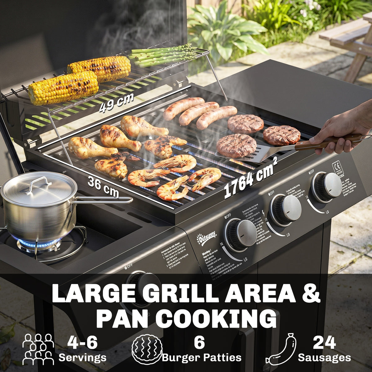 Gas BBQ grill cooking meat and vegetables on the main grate and warming rack, with a pot on the side burner