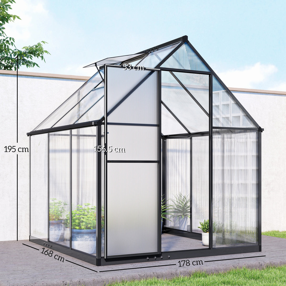 Outsunny 6 x 5.5ft Polycarbonate Greenhouse, Quick Setup Walk in Green House, Push Door, Adjustable Roof Vent, Rain Gutter, Black