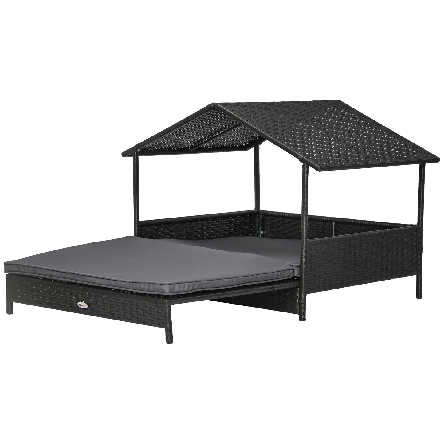 Photo of PawHut Extendable Elevated Dog Bed, Rattan Dog House w/ Water-Resistant Roof, Removable Cushion - Grey in Grey colour on a white background