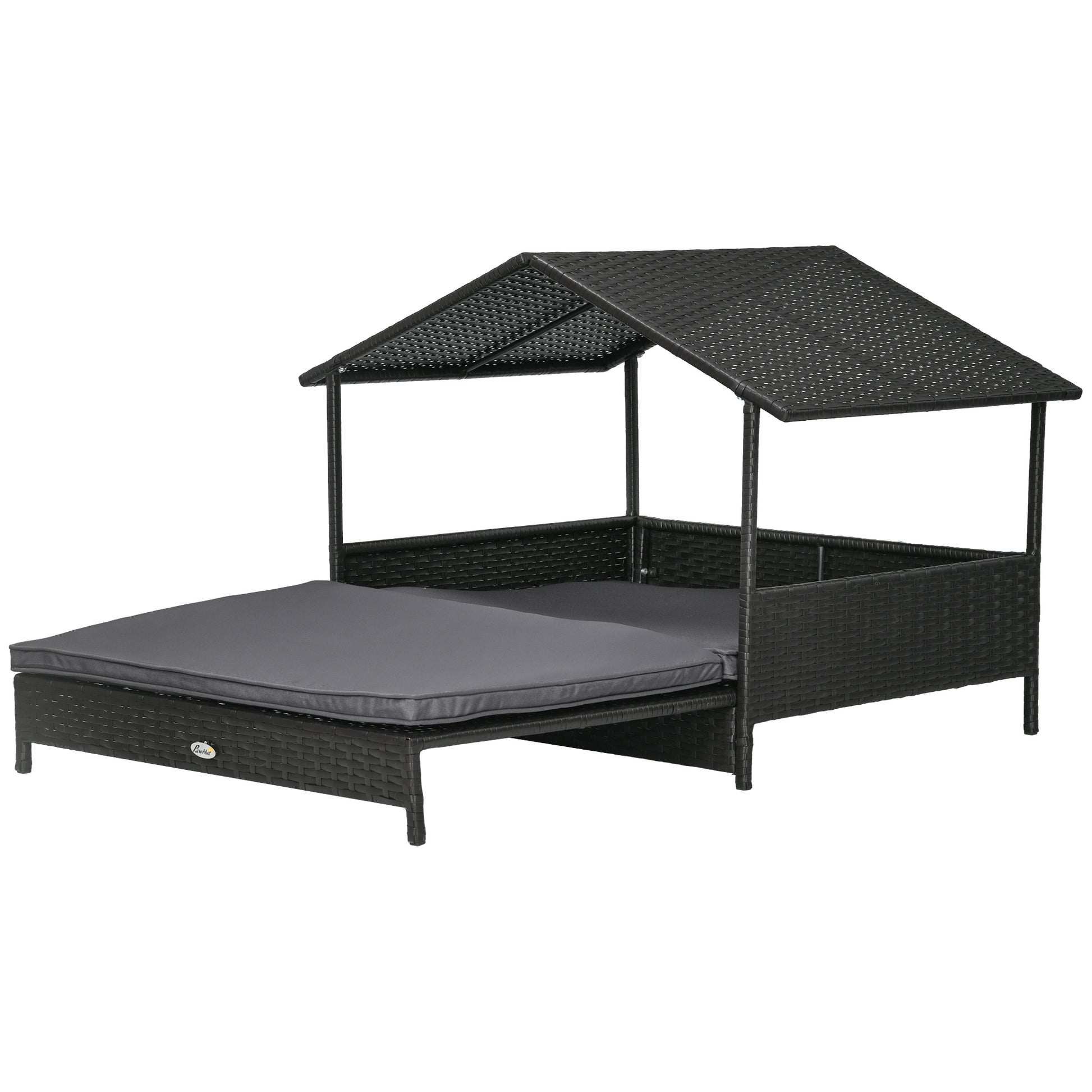 Photo of PawHut Extendable Elevated Dog Bed, Rattan Dog House w/ Water-Resistant Roof, Removable Cushion - Grey in Grey colour on a white background