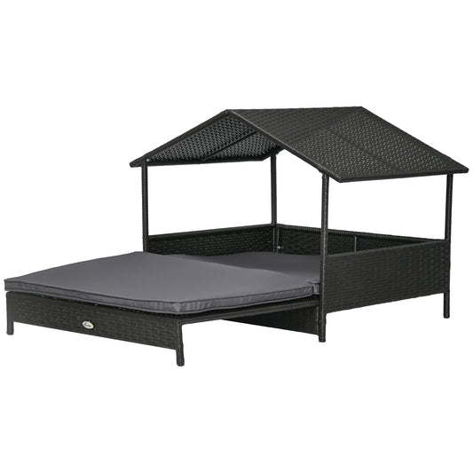 Photo of PawHut Extendable Elevated Dog Bed, Rattan Dog House w/ Water-Resistant Roof, Removable Cushion - Grey in Grey colour on a white background