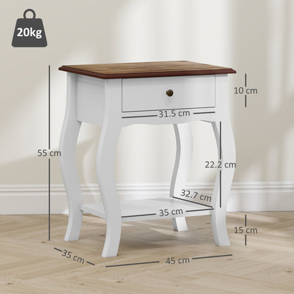 White bedside table with brown top, drawer, open shelf and curved legs; dimensions shown