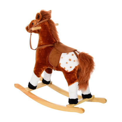 Rear three-quarter view of plush rocking horse with spotted hindquarters and wooden rockers
