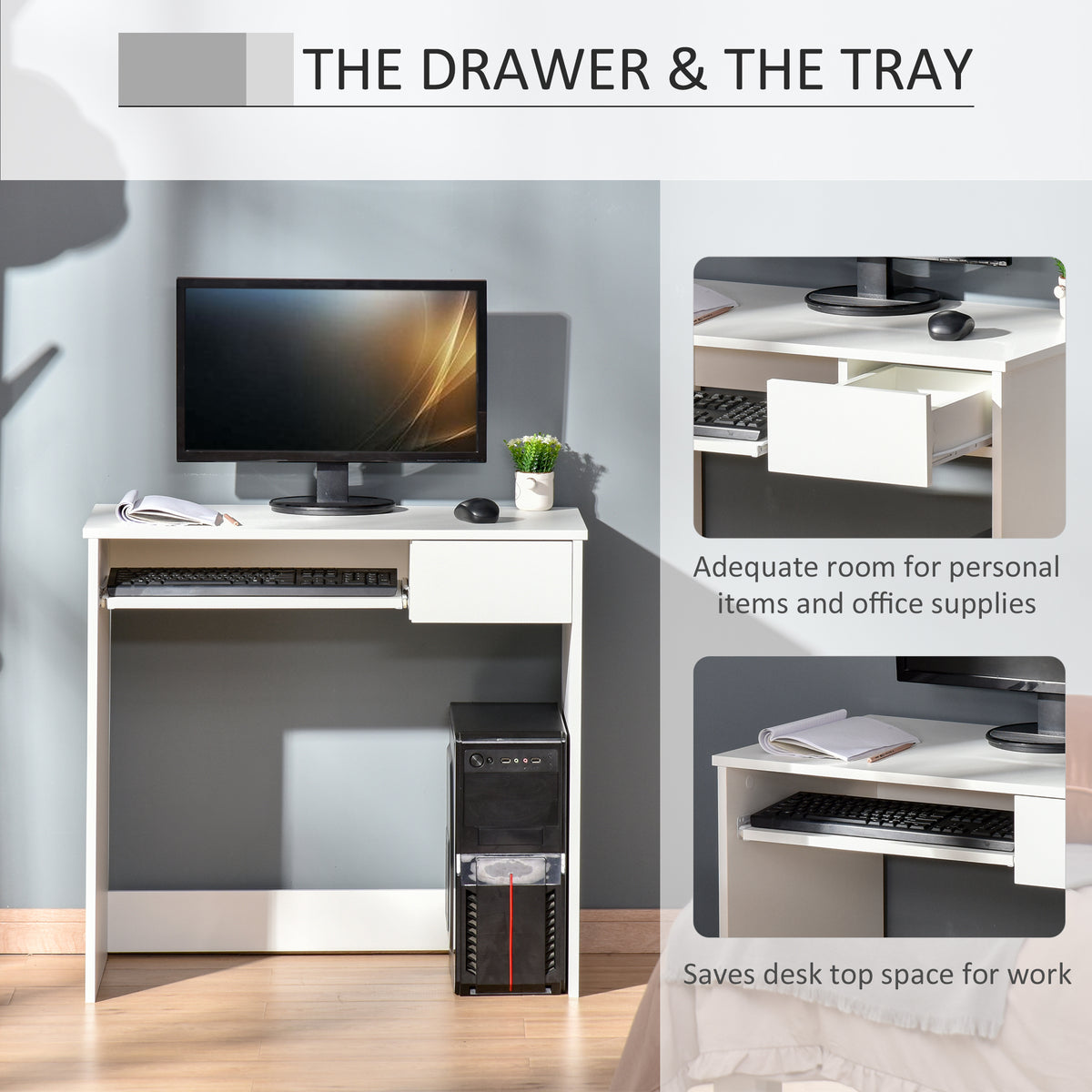 White desk with pull-out keyboard tray and drawer shown open