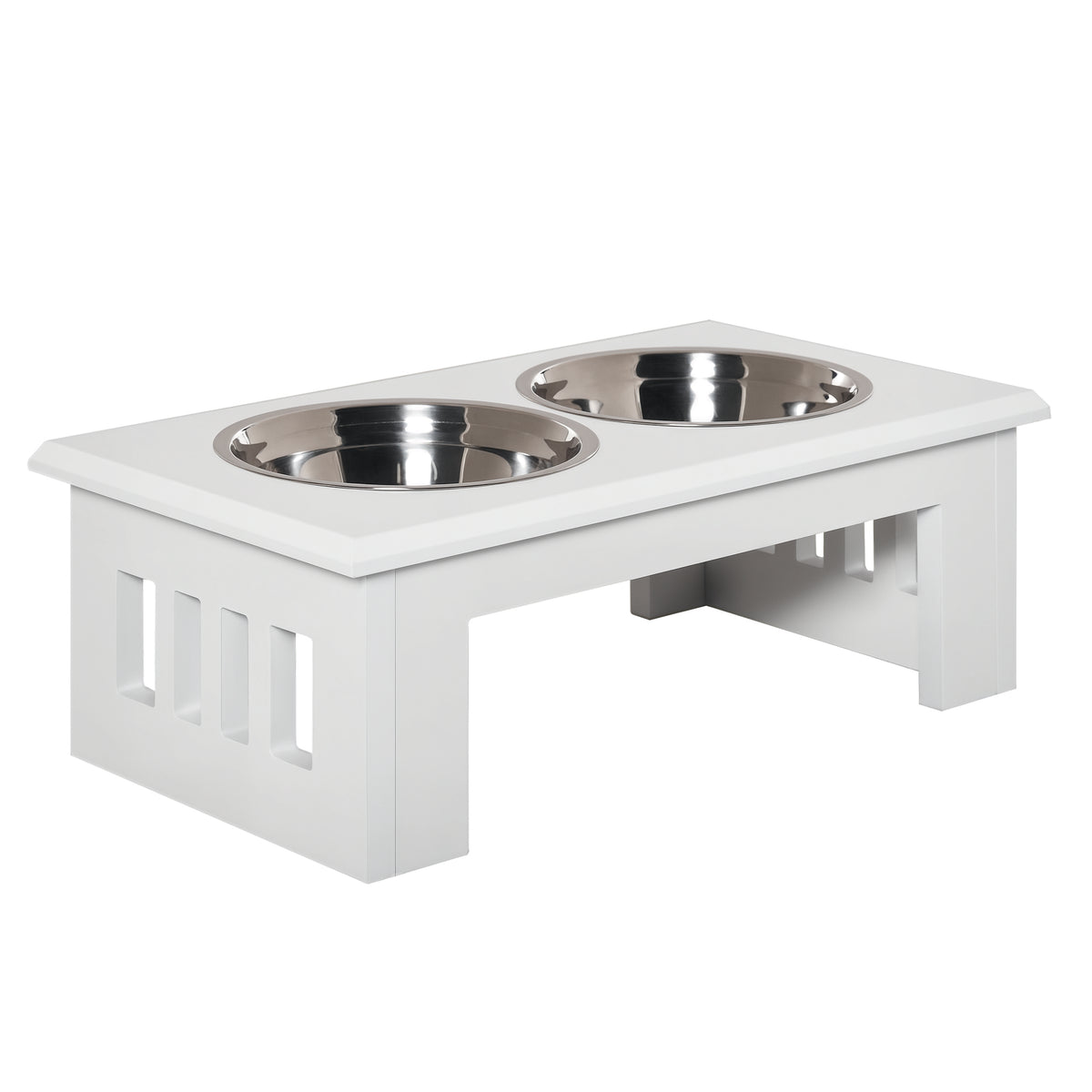 White raised dog feeder with two stainless steel bowls and slatted side panels.