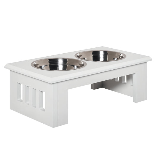 Photo of PawHut Raised Dog Feeding Bowls with Stand, Stainless Steel for Medium Dog, 58L x 31W x 25H cm - White in White colour on a white background