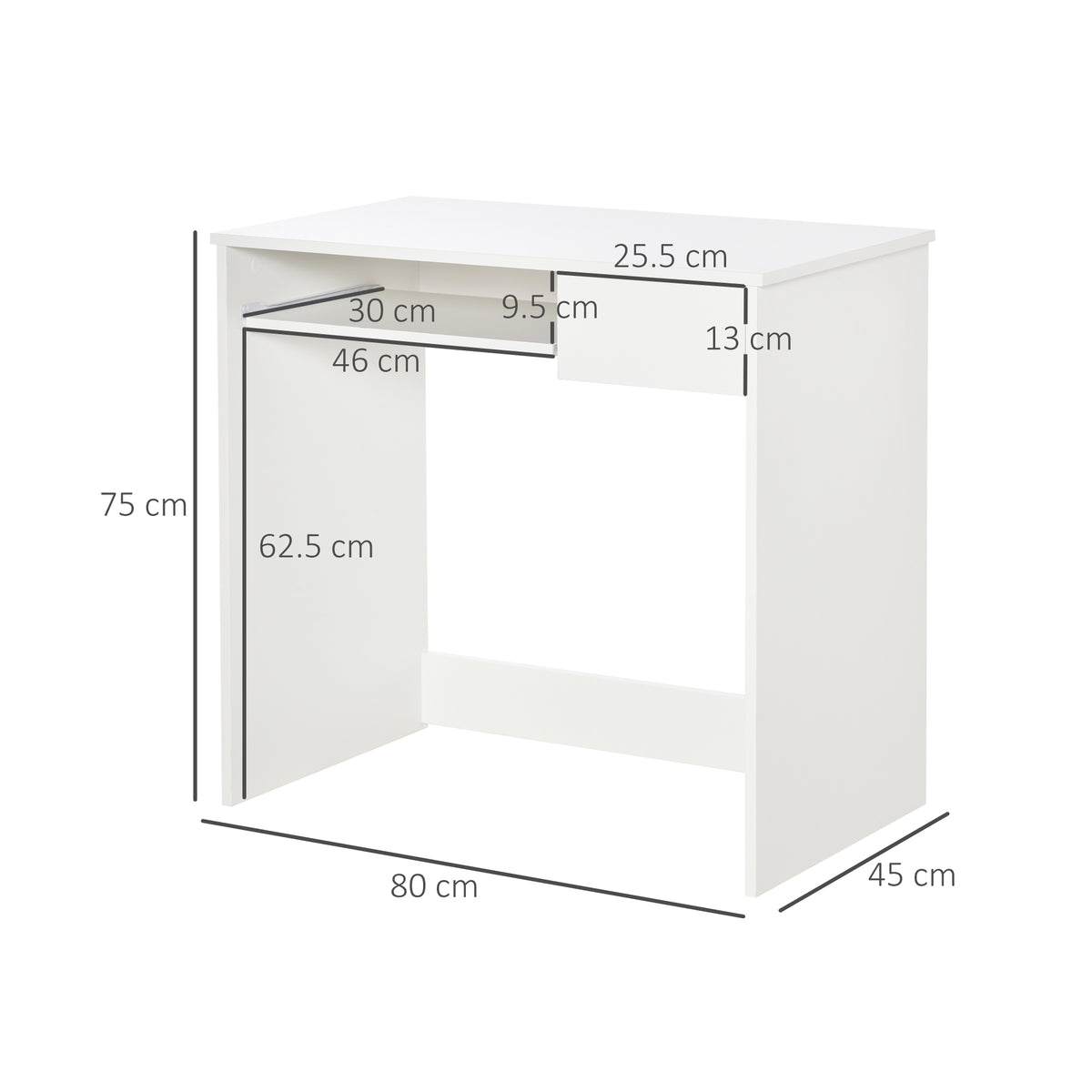 White computer desk with dimensions labeled