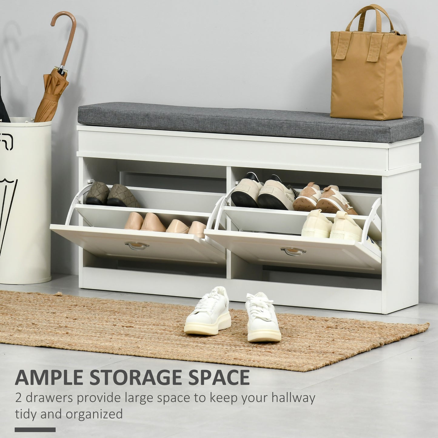 HOMCOM Shoe Storage Bench with Seat Cushion, 2 Drawers, Adjustable Shelf for Entryway, Living Room, White