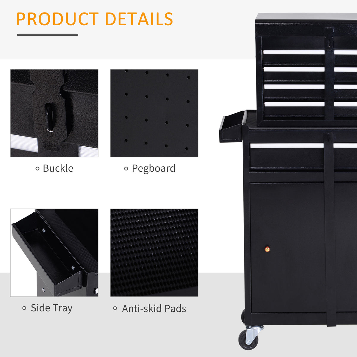 Black rolling tool cabinet details, including pegboard, side tray, buckle and anti-skid pads