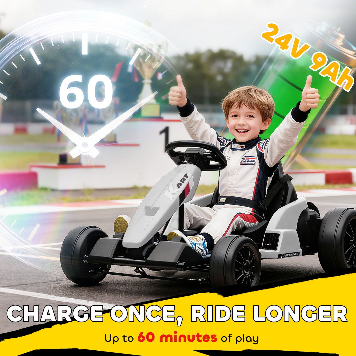 AIYAPLAY 24V Electric Go Kart, Drift Kart with Adjustable Seat, Slow Start, 5-Point Harness, Music, for 6-12 Years, White