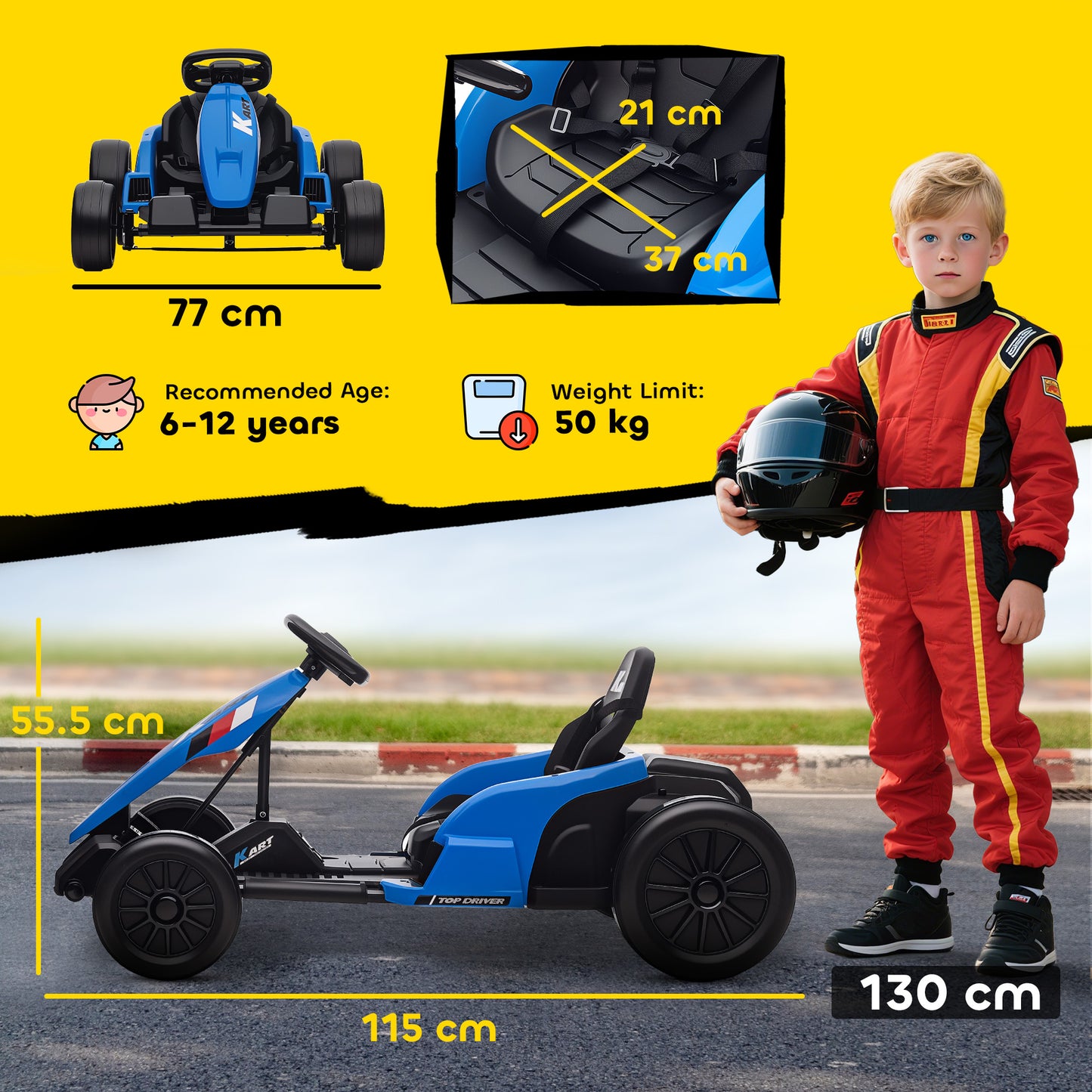 AIYAPLAY 24V Electric Go Kart, Drift Kart with Adjustable Seat, Slow Start, 5-Point Harness, Music, for 6-12 Years, Blue