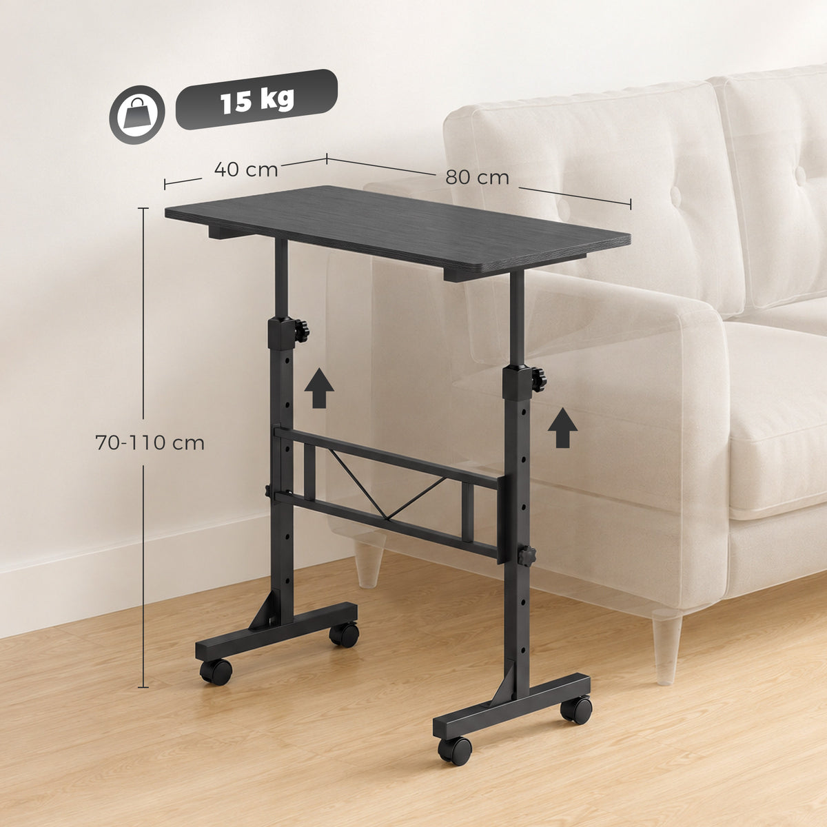 HOMCOM Overbed Table Adjustable Height Sofa Side Table with Wheels 80 x 40 cm Black