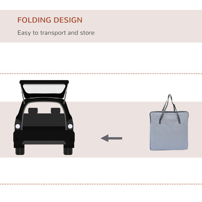 Folded grey soft-sided pet carrier shown compact for storage or transport.