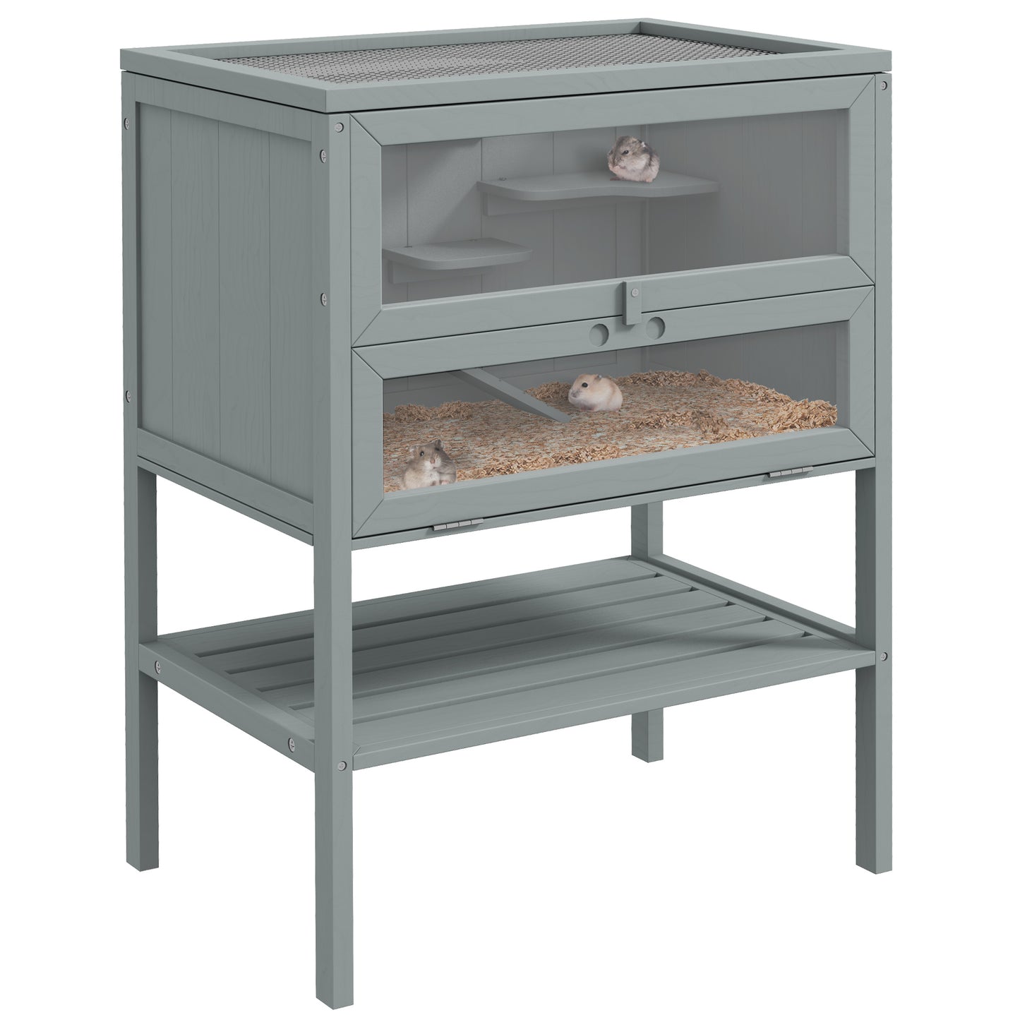 Photo of PawHut Wooden Hamster Cage 3 Tier House w/ Storage Shelf, Openable Top for Gerbils, Grey in Grey colour on a white background