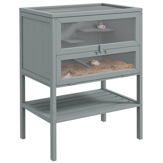 Photo of PawHut Wooden Hamster Cage 3 Tier House w/ Storage Shelf, Openable Top for Gerbils, Grey in Grey colour on a white background