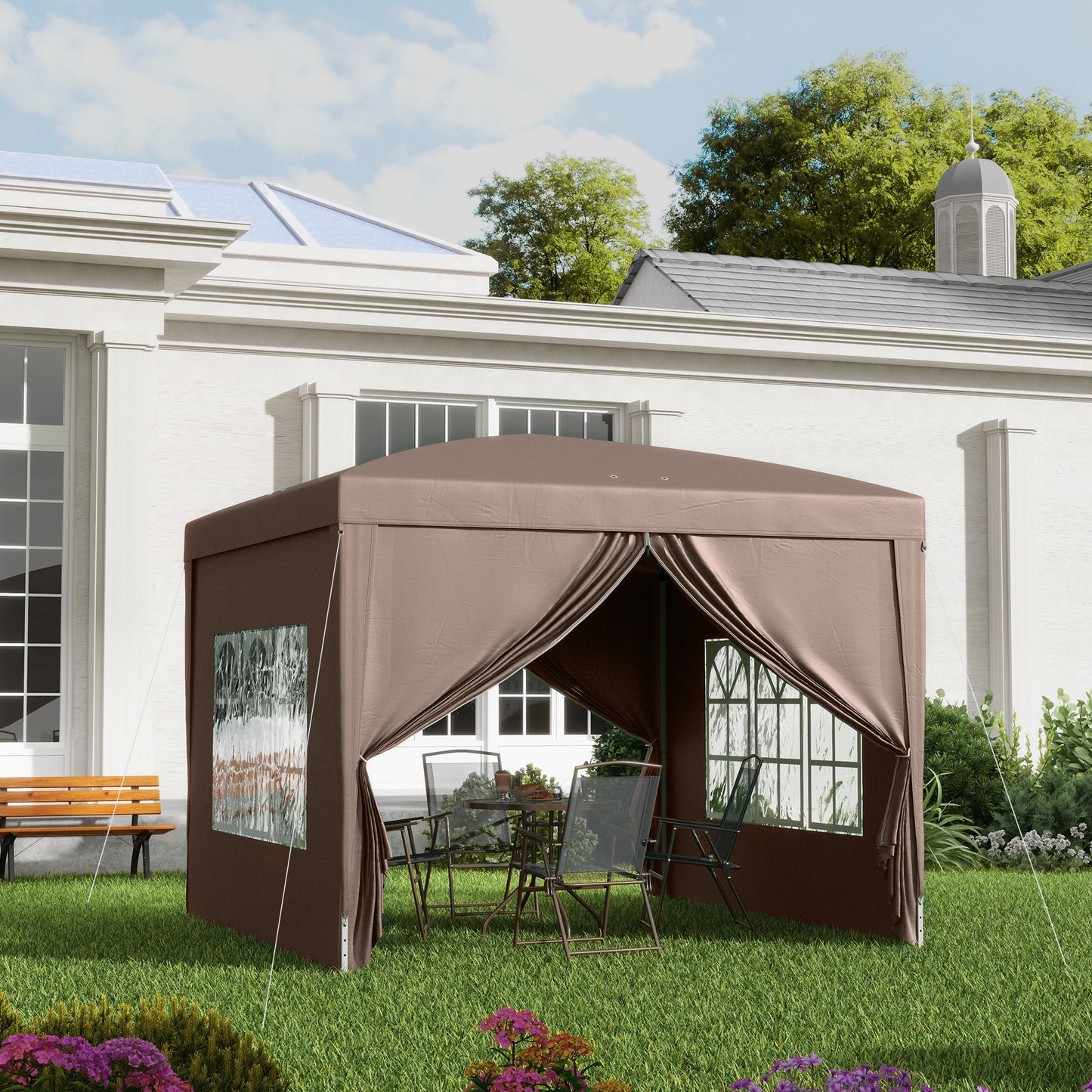 Outsunny 3x3(m) Pop-Up Gazebo, with Curtain Walls and Windows, Coffee
