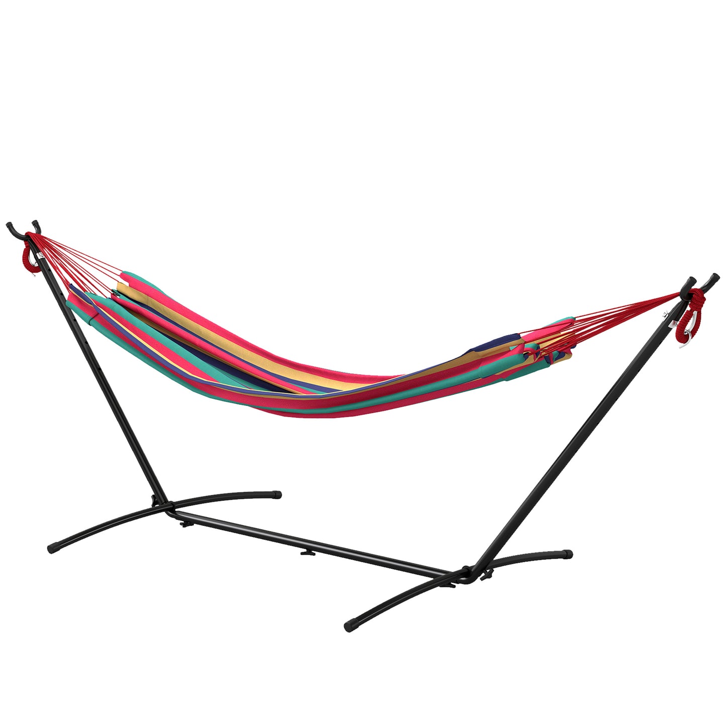 Photo of Outsunny 298 x 117cm Hammock with Stand Camping Hammock with Portable Carrying Bag, Adjustable Height, 120kg Load Capacity, Multicolour in Multicolour colour on a white background