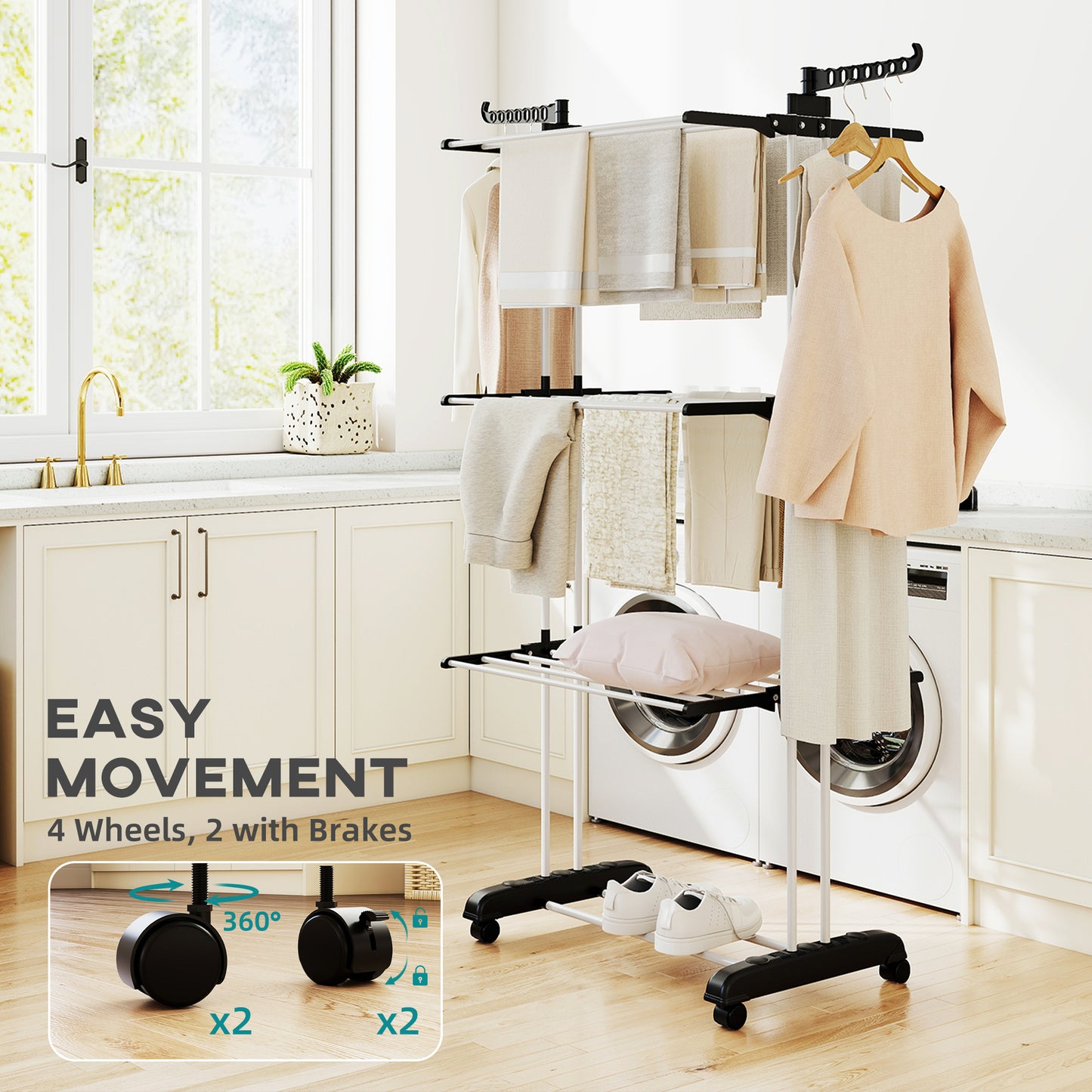 HOMCOM Foldable Clothes Drying Rack, 4-Tier Steel Garment Laundry Rack with Castors for Indoor and Outdoor Use, Black