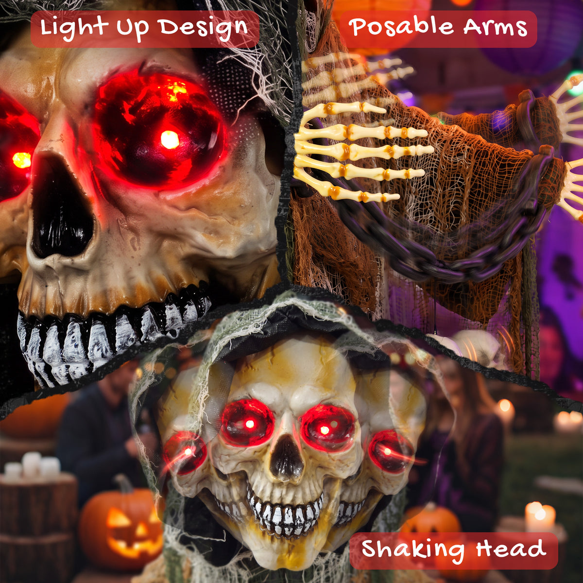 HOMCOM 170cm Animated Grim Reaper, Life-Size Halloween Animatronic with Moving Hands/Head, Glowing Eyes, Creepy Sound