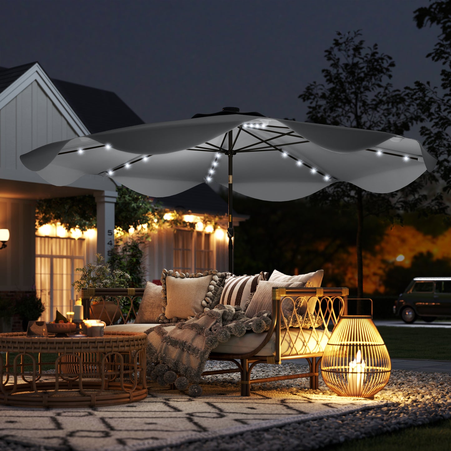 Outsunny Solar Patio Umbrella with LED and Tilt, Outdoor Market Table Umbrella Parasol with Crank, 3 x 3 (m), Dark Grey