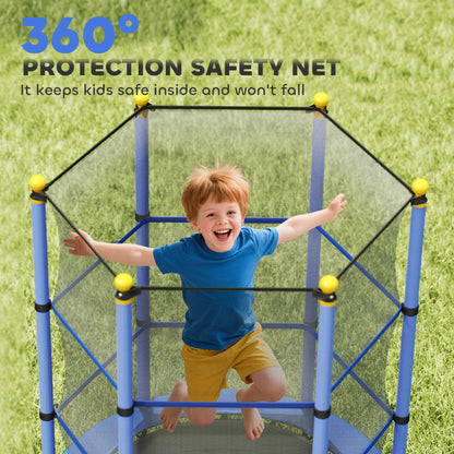 Blue kids trampoline with full mesh safety enclosure and padded support poles