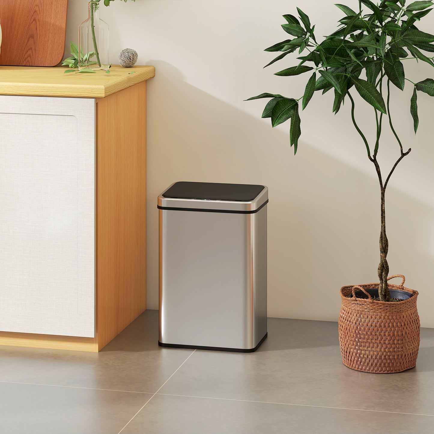 HOMCOM 50L Sensor Bin with Soft-Close Lid, Stainless Steel Automatic Touchless Motion Sensor Kitchen Bin, Silver Tone