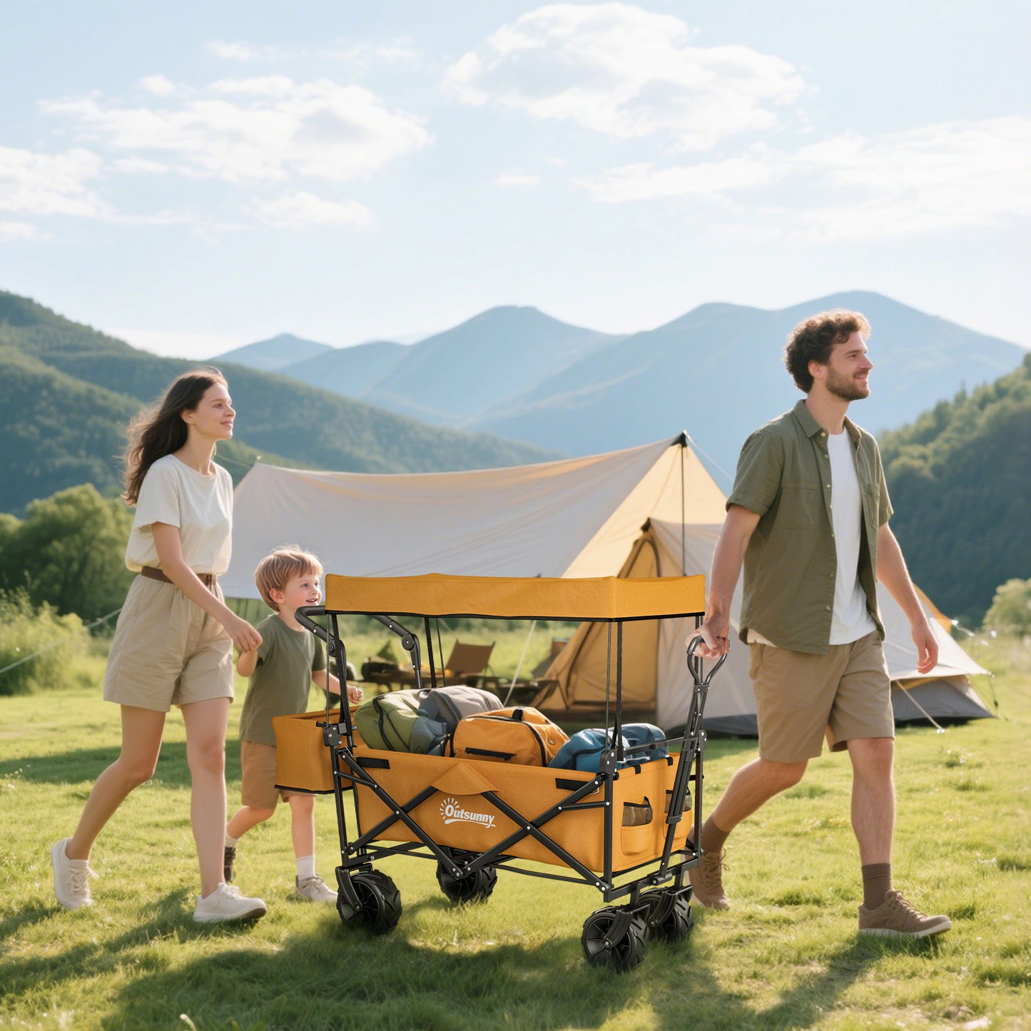 Outsunny 180L Festival Trolley on Wheels, Push & Pull Beach Cart with Removable Canopy, Wide All-Terrain Wheels, Folding Camping Trolley Cart, Adjustable Handle for Garden Fishing Shopping, Orange