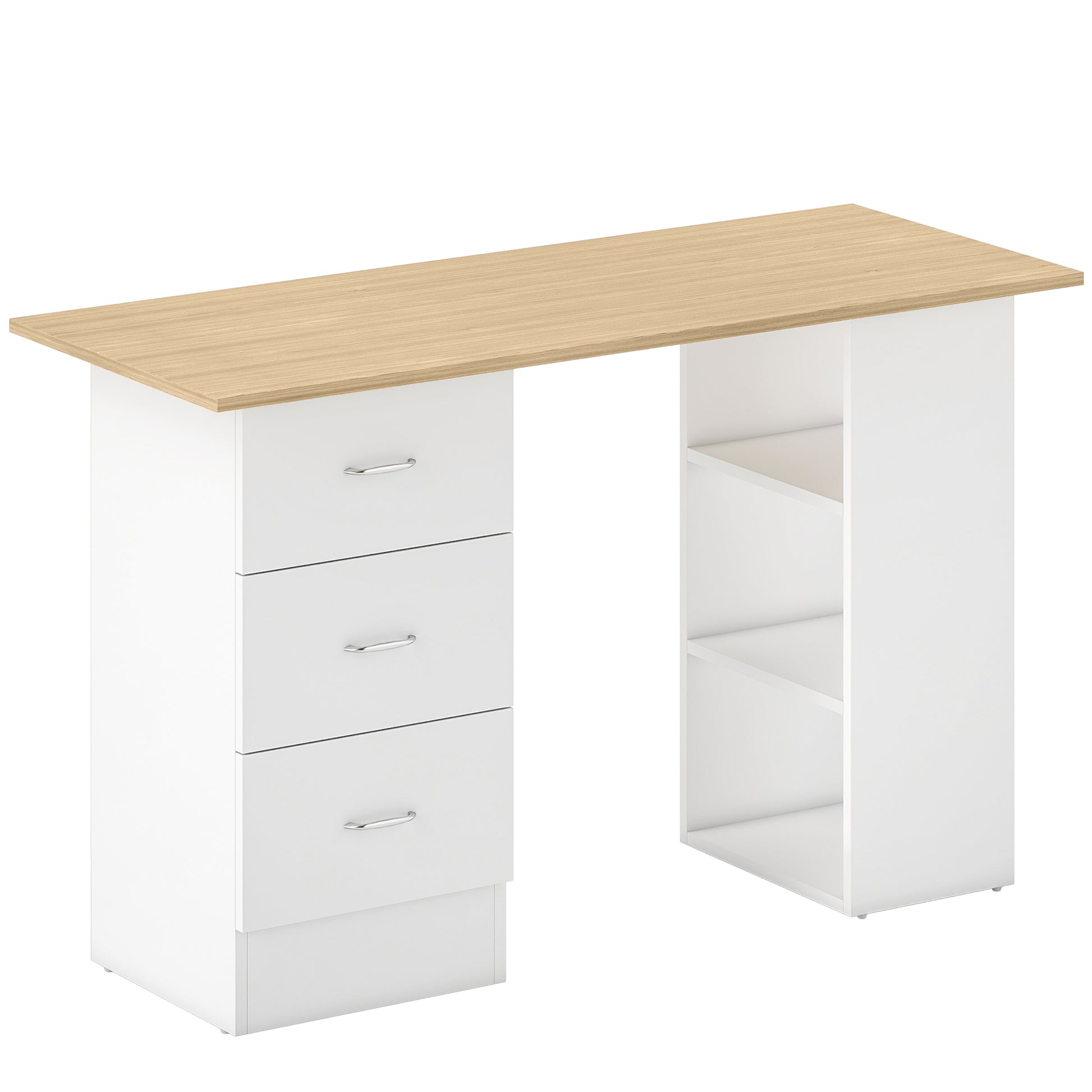 Photo of HOMCOM Computer Desk with Drawers, Home Office Desk, Writing Table, PC Workstation with 3 Storage Shelves for Working, Study, 120 x 49 x 72 cm, Natural Wood Finish and White in White colour on a white background