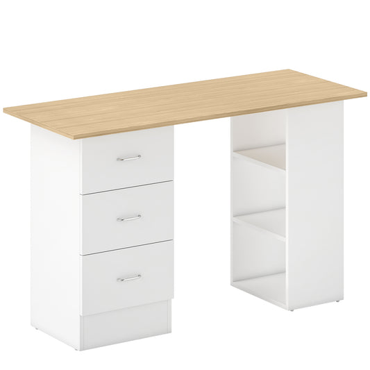 Photo of HOMCOM Computer Desk with Drawers, Home Office Desk, Writing Table, PC Workstation with 3 Storage Shelves for Working, Study, 120 x 49 x 72 cm, Natural Wood Finish and White in White colour on a white background