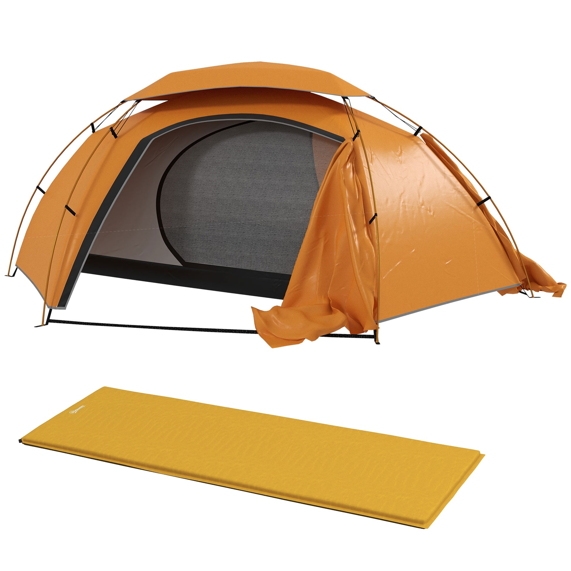 Photo of Outsunny Camping Tent with Self Inflatable Mattress, 1 Person Dome Tent with Removable Rainfly and Aluminium Frame, 2000mm Waterproof, Portable with Bags, for Fishing Hiking, Orange/Khaki in Orange/Khaki colour on a white background