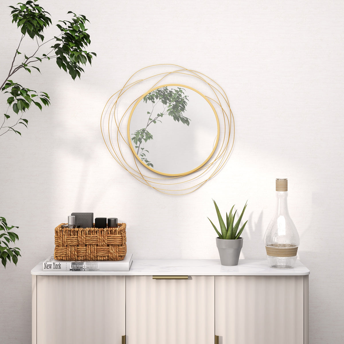 HOMCOM Metal Wall Art 65cm Modern Decorative Mirror Decor for Living Room Bedroom Dining Room, Gold Tone