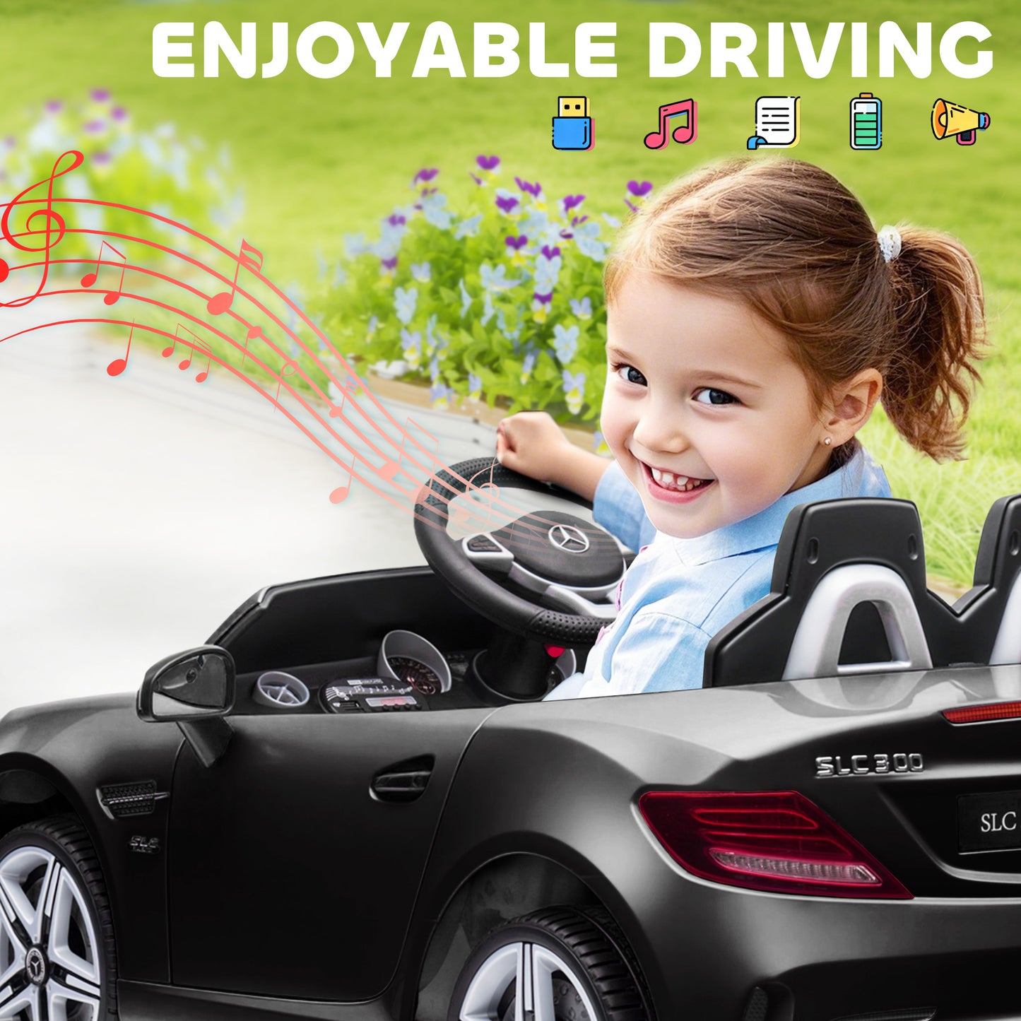 HOMCOM Benz SLC 300  Licensed 12V Kids Electric Ride On, with Music, Remote Control, LED Headlights, Horn, Black