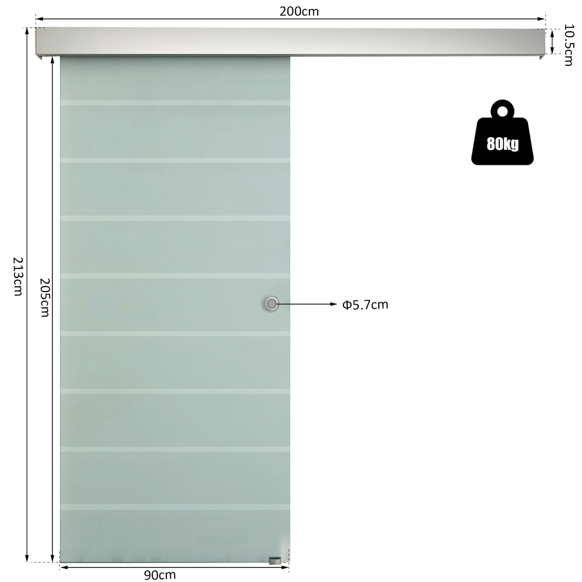 HOMCOM frosted glass sliding door with stripe pattern, round handle, and 90 cm width dimensions