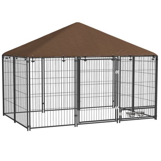 Photo of PawHut Outdoor Dog Kennel Puppy Play Pen with Canopy Garden Playpen Fence Crate Enclosure Cage Rotating Bowl 211 x 141 x 151 cm in cm colour on a white background