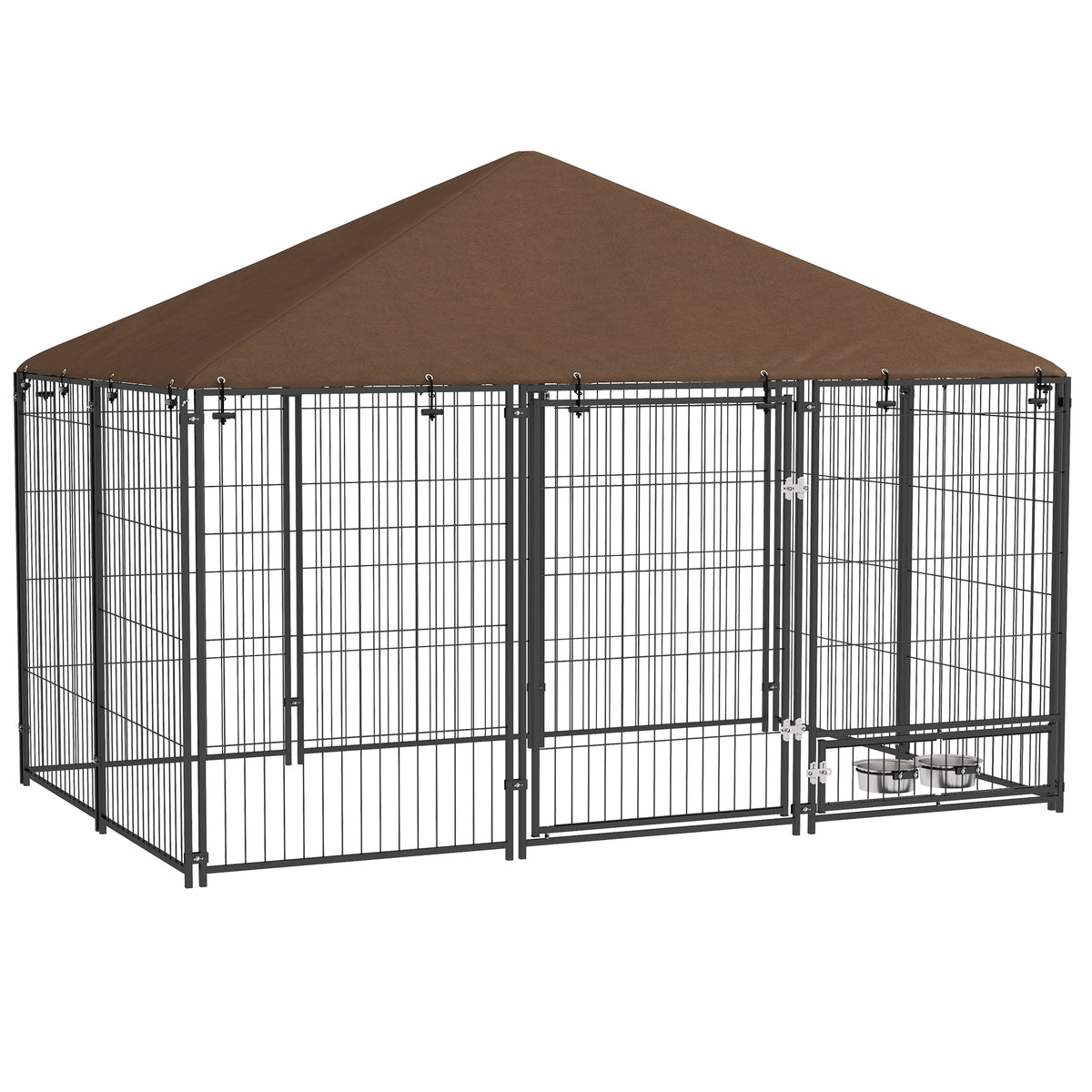 Photo of PawHut Large Dog Kennel Outdoor Dog Play Pen with Canopy Rotating Bowl for Large Dogs, Brown in Brown colour on a white background