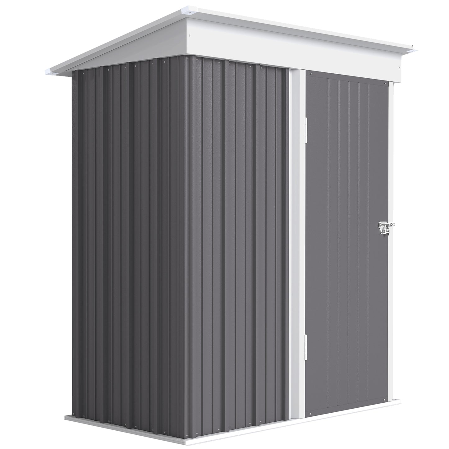 Photo of Outsunny Metal Garden Shed, Outdoor Lean-to Shed for Tool Motor Bike, with Adjustable Shelf, Lock, Gloves, 5'x3'x6', Grey in Grey colour on a white background