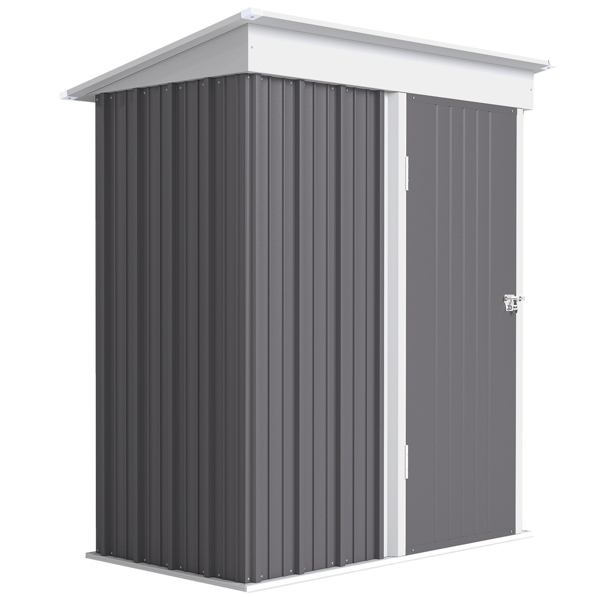 Photo of Outsunny Metal Garden Shed, Outdoor Lean-to Shed for Tool Motor Bike, with Adjustable Shelf, Lock, Gloves, 5'x3'x6', Grey in Grey colour on a white background