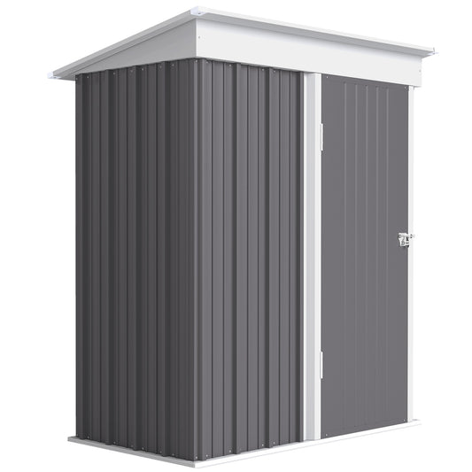 Photo of Outsunny Metal Garden Shed, Outdoor Lean-to Shed for Tool Motor Bike, with Adjustable Shelf, Lock, Gloves, 5'x3'x6', Grey in Grey colour on a white background