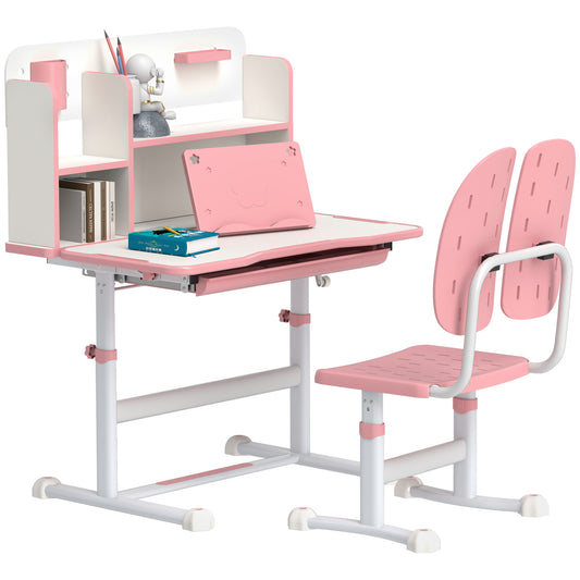 Photo of AIYAPLAY Height Adjustable Kids Desk and Chair Set, Children School Study Desk with Tiltable Desktop, Reading Rack,  Pink in Pink colour on a white background