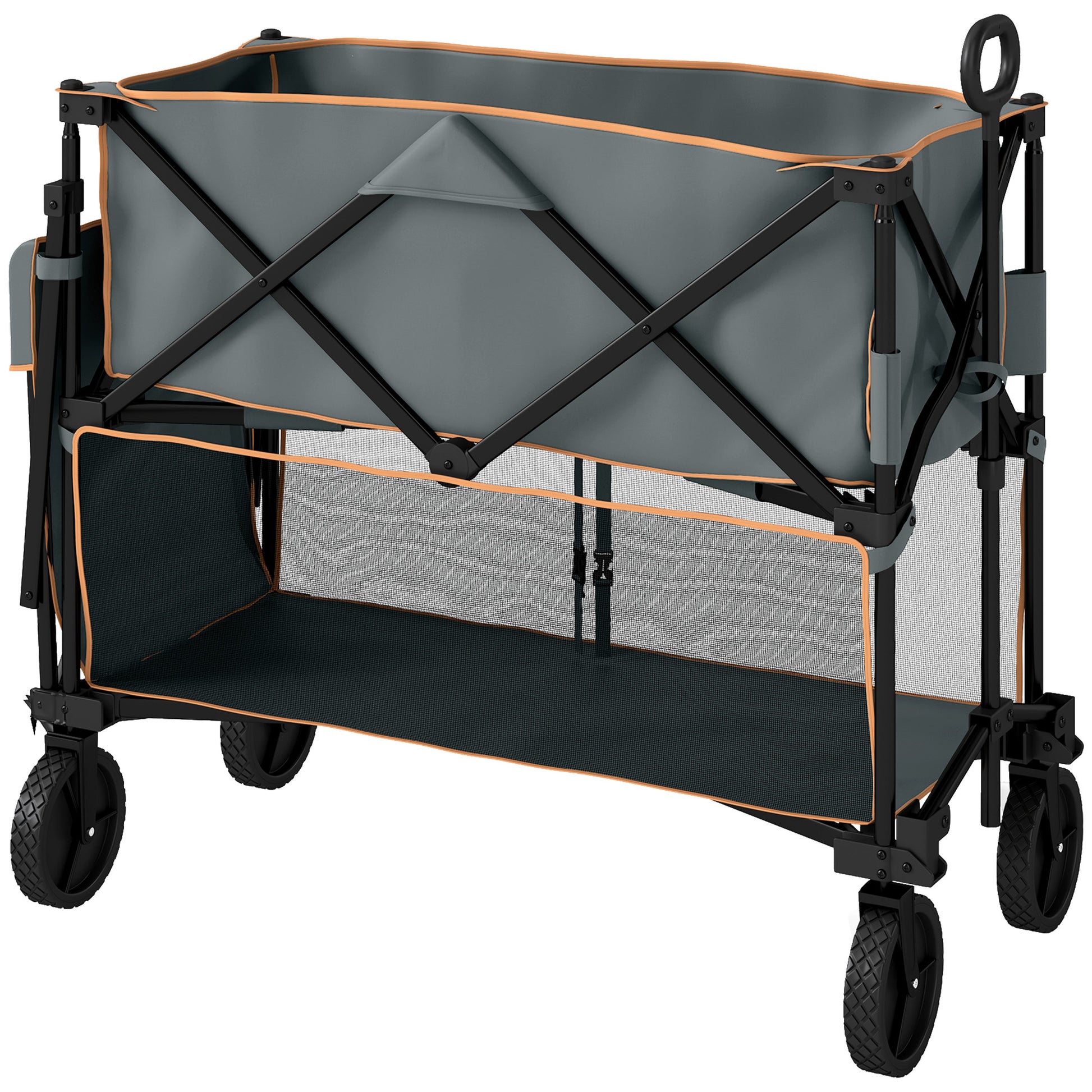 Photo of Outsunny Double Decker Folding Festival Trolley on Wheels, 200KG & 350L Capacity Collapsible Wagon Festival Trolley Cart with 134cm Extended for Camping Sports Shopping Garden and Beach, Grey in Grey colour on a white background