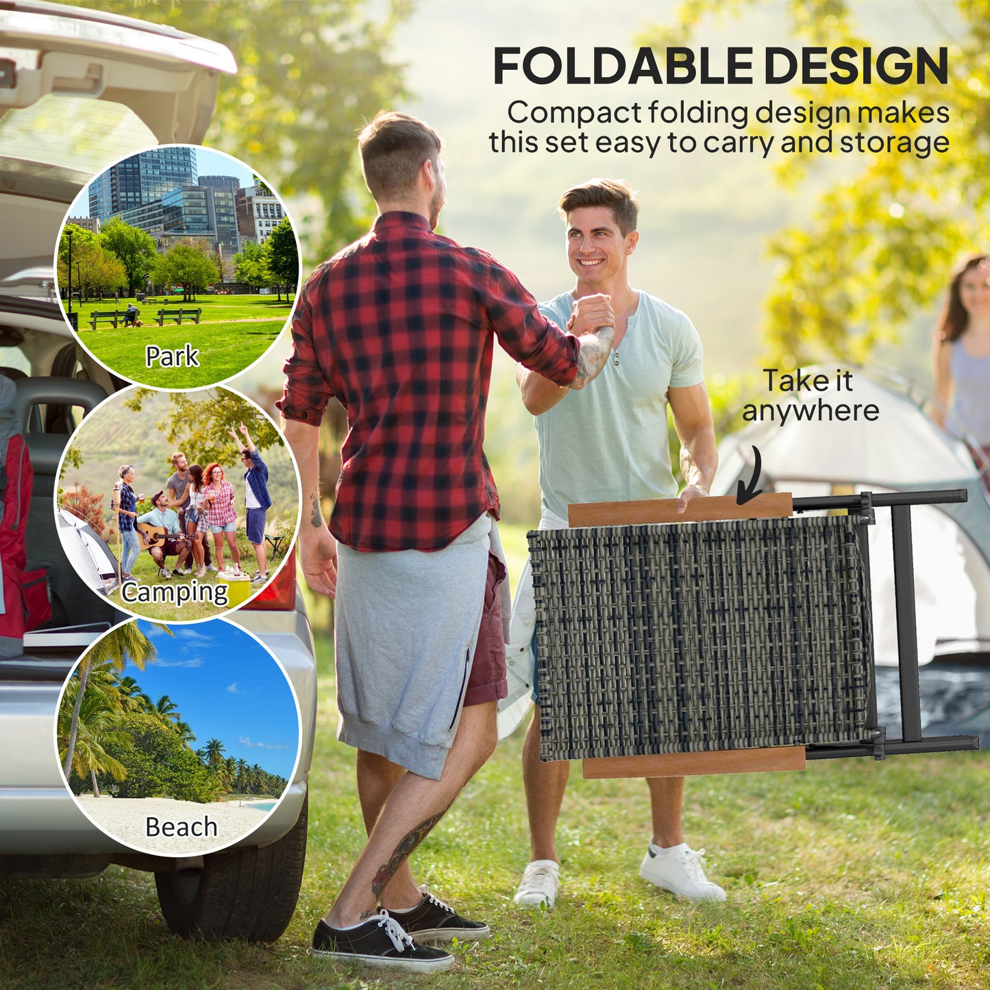 Outsunny Folding Rattan Garden Dining Chair with 5-level Reclining High Back, Wood Armrests for Outdoor, Patio - Mixed-grey