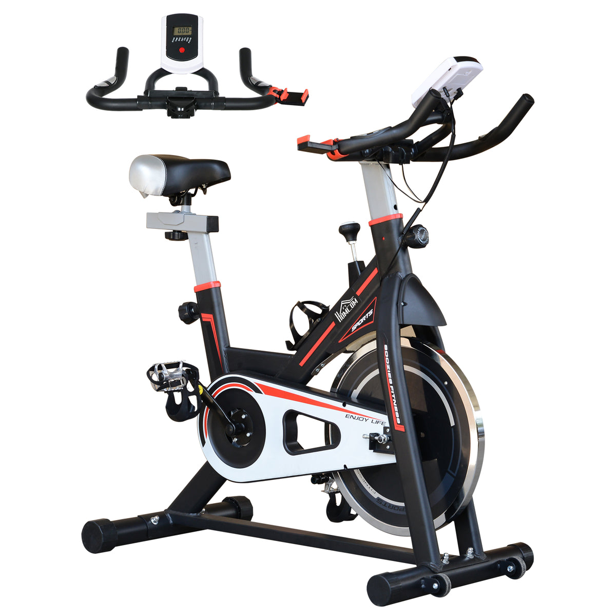 Black HOMCOM exercise bike with LCD monitor, curved handlebars, padded seat, and front flywheel