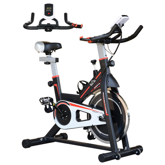 Black HOMCOM exercise bike with LCD monitor, curved handlebars, padded seat, and front flywheel