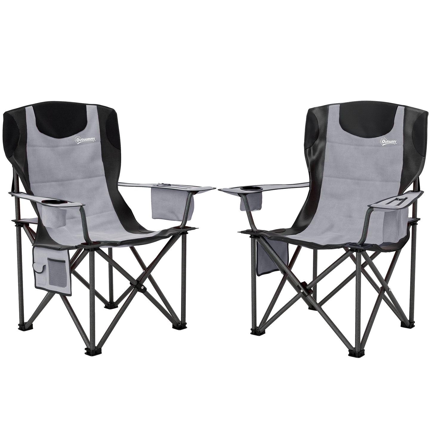 Photo of Outsunny Set of 2 Folding Camping Chairs, Padded Camping Chairs with Adjustable Armrests, Portable & Lightweight Folding Camp Chair with Cooler Bag, Cup Holder and Side Pockets, Grey in Grey colour on a white background
